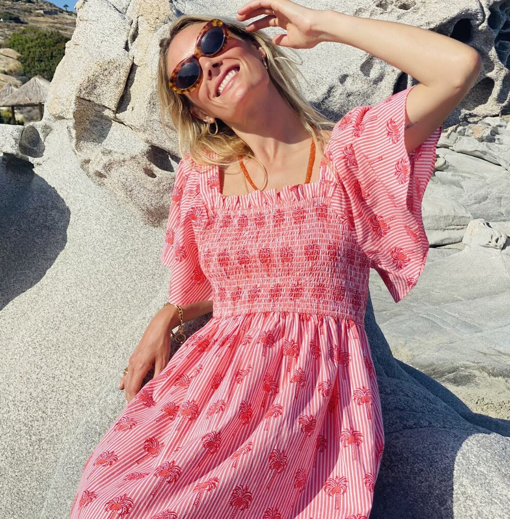 Pink City Prints Tuckernuck Lolita Long Tropical Peach Palm Tree Midi Dress S